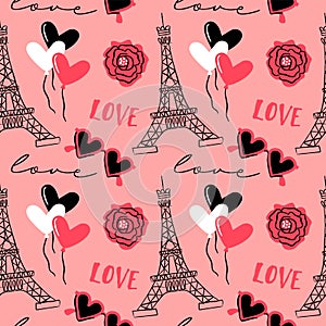 Love paris doodle cartoon seamless pattern