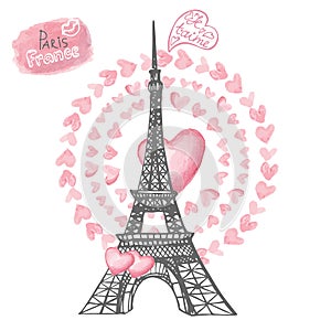 Love in Paris.Eiffel tower,Watercolor hearts