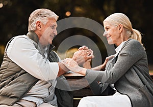 Love, park bench and senior happy couple holding hands, bond and enjoy time together, freedom and connect in garden. Eye