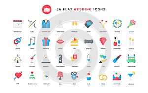 Wedding trendy flat icons set, love, passion and hearts symbols of marriage, rings