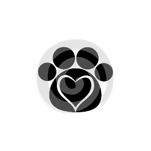 Love paw logo. Animal love symbol paw print with heart icon isolated on white background