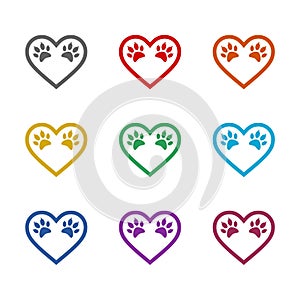 Love Paw Print icon isolated on white background. Set icons colorful
