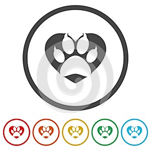 Love Paw Print icon. Set icons in color circle buttons