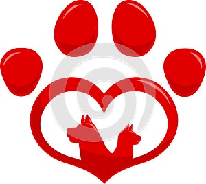 Love Paw Print Logo With Dog And Cat Silhouette Flat Design