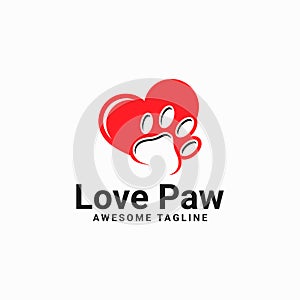 Love paw print vector logo illustration. paw print with a heart symbol. cat or dog paw print. veterinary clinic logo. animal care