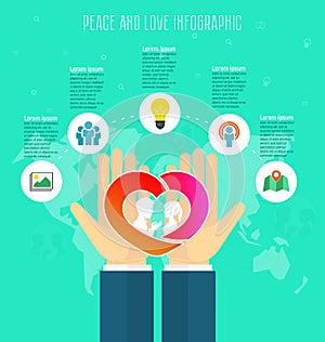 Love and peace concept, infographic template. Save love, hands holding red heart, people silhouette, abstract world map