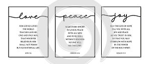 Love, Peace, Joy. Bible, religious vector quote.
