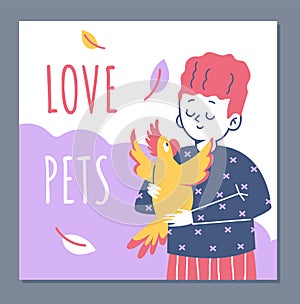 Love pets banner or card with child embracing parrot, flat vector illustration.