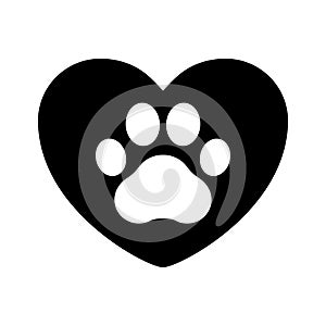 Love for pets. Paw prints. Dog or cat vector, icon. Footprint pet. Foot puppy isolated on white background. Black silhouette paw.