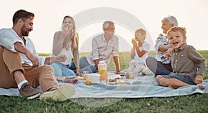 Love, picnic and family happiness with people smile and relax at a park or field, bonding and having fun. Happy kids