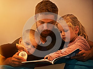 They love the pictures. A father reading a bedtime story to his kids.