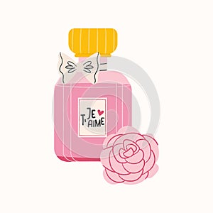 Love pink perfume bottle with rose and bow isolated on white background. Cute happy valentines day vector illustration