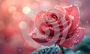 Love in Pink: Red Rose on Pink Background with Bokeh Lights, Offering a Romantic Design and an Elegant Space to Express Affection