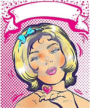 Love pink ribbon art woman face with a kiss and heart. Vector illustration. photo