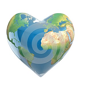 Love planet 3d concept - heart shaped earth isolated on white