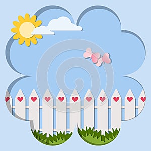 Love postcard paper cutout vector illustrations. White fence with green grass and butterflies on blue sky and the sun