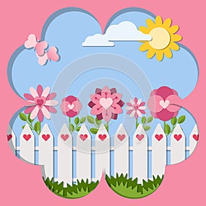 Love postcard paper cutout vector illustrations. White fence with pink flowers and butterflies on blue sky with the sun