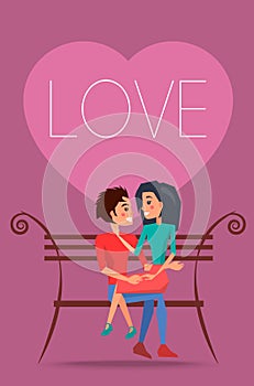 Love Poster with Happy Couple Sitting on Bench