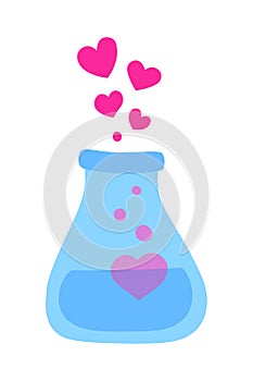 Love Potion Flask With Bubbling Hearts. Vector Flat Design in Pink and Blue. Valentines Day Icon.