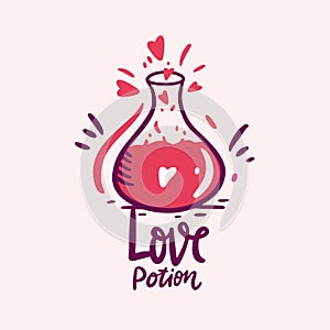 Love potion and flask of love drink. Hand drawn vector illustration and lettering. Cartoon style