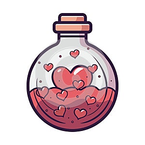 Love potion isolated on white background. Cartoon fantasy magic spell heart elixir. Witch alchemy bottle, love vial. Aphrodisiac
