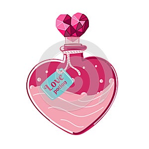 love potion. Rpg fantasy magic spell heart elixir. Chemistry glass bulb, pink liquid. Witch alchemy bottle, love vial. Aphrodisiac