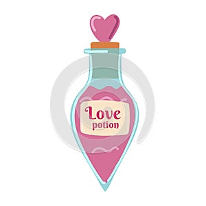 love potion. Rpg fantasy magic spell heart elixir. Chemistry glass bulb, pink liquid. Witch alchemy bottle, love vial. Aphrodisiac