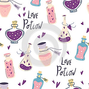 Love potion seamless pattern. Hand draw cartoon magic bottles. Witchcraft symbols texture. Halloween design. Perfect for wrap