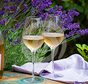 Love Provence, romantic picnic with glasses of cold French rose wine and purple lavender flowers in sunny summer garden