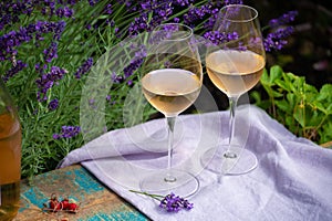 Love Provence, romantic picnic with glasses of cold French rose wine and purple lavender flowers in sunny summer garden photo