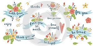 Love quote vector Floral ribbon set phrases love story Romantic valentines day quotes