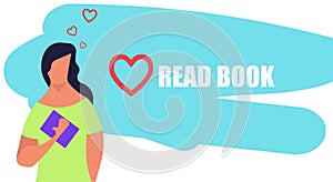 Love read book vector flat illustration education. Women reading literature art study background. Girl person knowledge learning