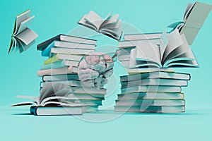 love for reading books. pacified brain in glasses in front of a pile of books on a yellow background. 3d render photo