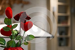 Love red heart with droop red rose on the pot, valentines concept photo