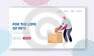 Love and Relations with Animals, People and Pets. Happy Cheerful Man Find Little Puppy in Cardboard Box, Taking him on Hands