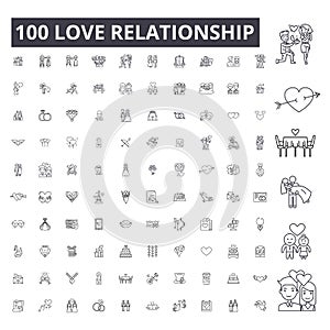 Love relationship editable line icons, 100 vector set, collection. Love relationship black outline illustrations, signs