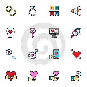 Love and relationship filled outline icons set