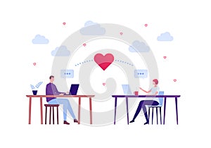 Love relatioship concept. Vector flat person modern illustration. Couple of male and female sitting at table with laptop, talk