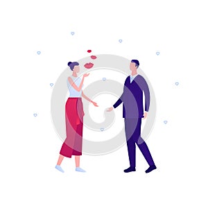 Love relatioship concept. Vector flat person modern illustration. Couple of male in suit and female talking with air kiss. Design