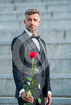 love rendezvous concept. charismatic tuxedo man with love rose. flower gift for love day