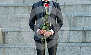 love rendezvous concept. cropped view of tuxedo man with love rose. flower gift for love day