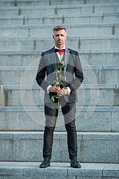 love rendezvous concept. grizzled tuxedo man with love rose. flower gift for love day