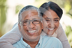 Love, retirement couple and portrait hug with happy smile and romantic embrace in garden. Married, senior and latino