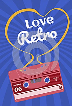 Love retro music vertical poster with audio cassette tape heart shape place for text vector flat