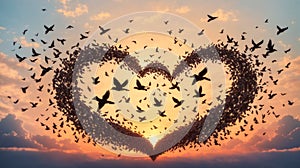 Love and romance concept of a flock of birds flying in a heart formation with a a sunrise or sunset behind them