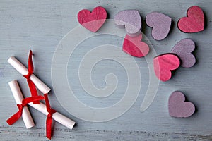 Love and romance concept Valentine's Day Frame made of wooden hearts love notes