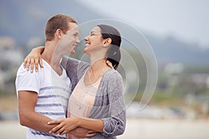 Love, romance and dating for couple at beach for leisure, bonding or vacation. Partners, mates and relationship with