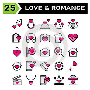Love and romance icon set include song, music, wedding, heart, love, jewelry, ring, marriage, cooking, restaurant, dinner,