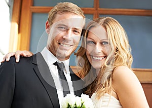 Love, romance and portrait of couple with flower bouquet and smile for valentines day, luxury date or wedding. Flowers