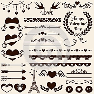 Love, romance and wedding design elements. Vector set.